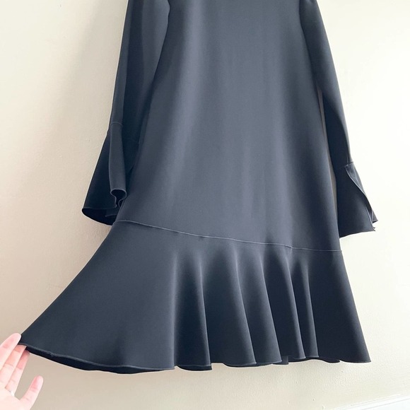 Theory Marah Black Maxyne‎ Crepe Dress Flounce Hem Bell Sleeve, Size 8 - Picture 10 of 15